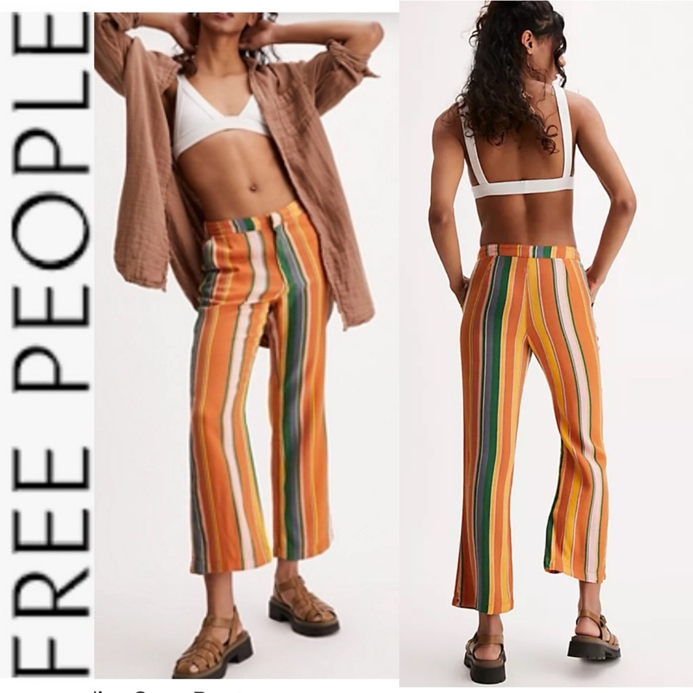 NWT Free People La Paz Slim Crop Pants Orange stripe 2